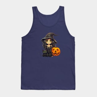 Halloween Witch Black Cat and Pumpkins Tank Top